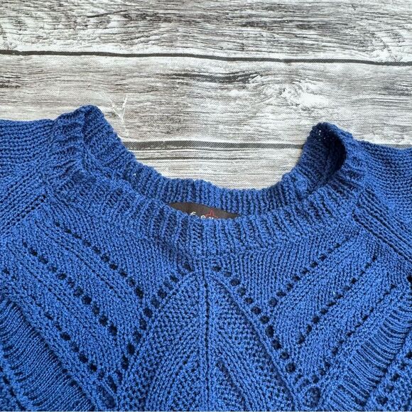 Fever Women's Open Crochet Short Sleeve Sweater Blouse Royal Blue S SM Small Rib - Picture 3 of 12